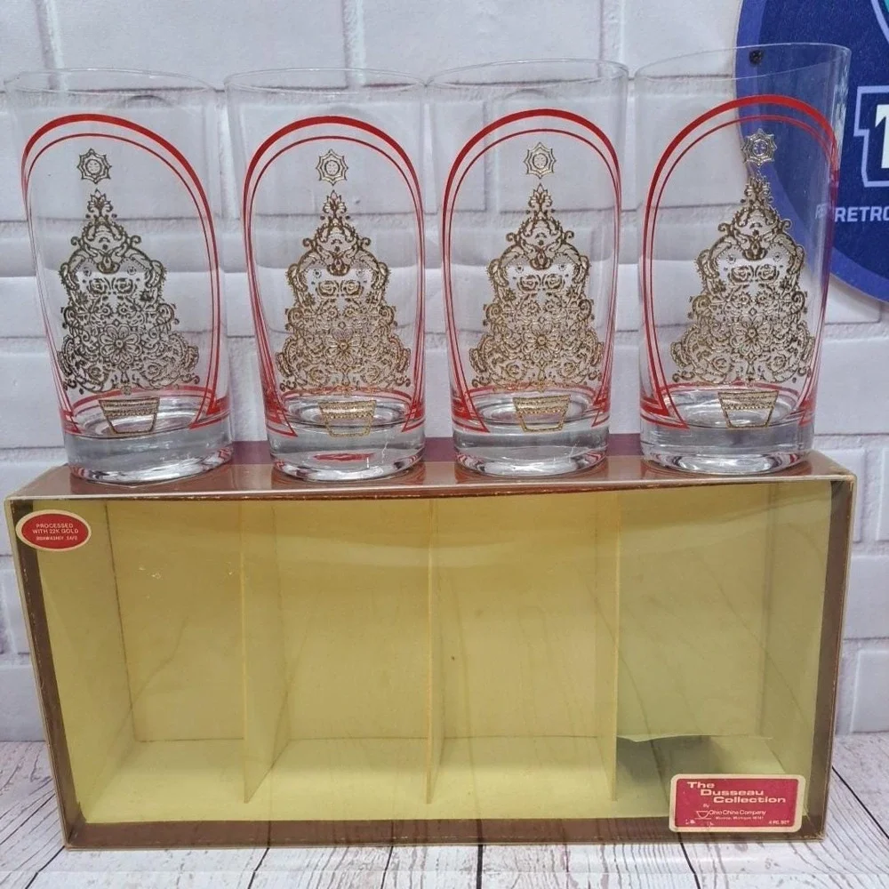 NOS Ohio China 22k Gold Christmas Tree Highball Glass Tumbler Set Of 4, Dusseau